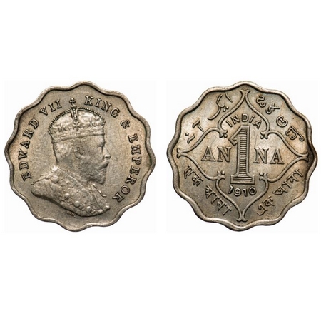 Edward VII, Copper-Nickel, 1 Anna, 1910, Bombay Mint, 'B' incused, Scalloped round. F. Pri