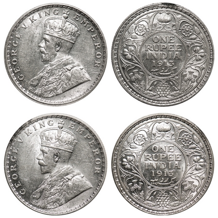 George V, Silver, Rupee (2 coins), 1913, 1) Calcutta mint, No dot, 2) Bombay Mint, Dot. F.