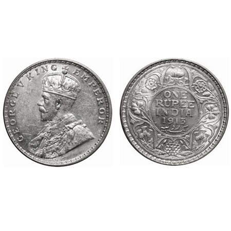 George V, Silver, Rupee, 1913, Bombay Mint, Dot, Die crack on Rev, Numeral 3 of year date 