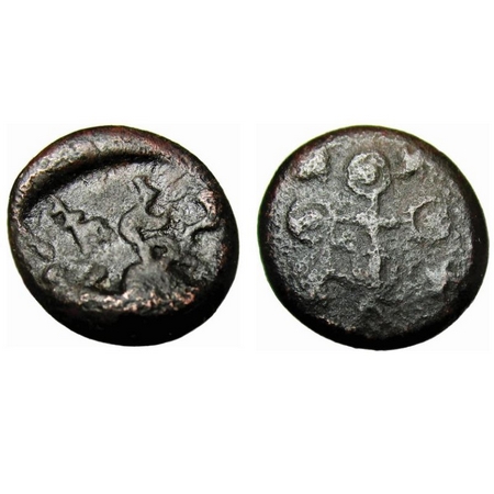 Satavahana, Siri Satkarni, Copper Unit, 3.74g, Obv: Three hill around brahmi legend rano s