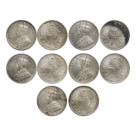 George V, Silver, Rupee (5 coins), 1919, Calcutta Mint, No dot. F. Prid # 215. GK 1039. Ab