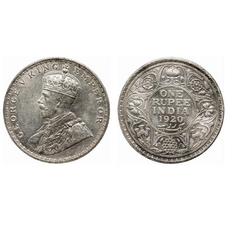 George V, Silver, Rupee, Bombay Mint, 1920, Dot, Ghost on Rev. F. Prid # 226. GK 1042. Alm