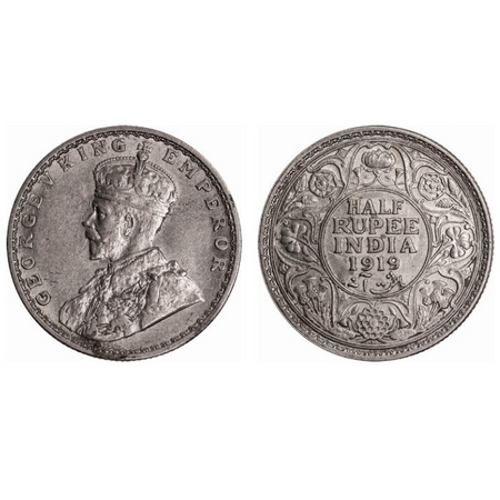 George V, Silver, Half Rupee, 1919, Bombay Mint, Dot. F. Prid # 343. GK 1057. Almost Uncir