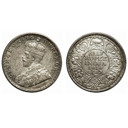 George V, Silver, Half Rupee, 1919, Bombay Mint, Dot. F. Prid # 343. GK 1057. Uncirculated