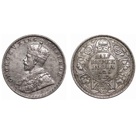 George V, Silver, Half Rupee, 1926, Bombay Mint, Dot. F. Prid # 348. GK 1068. Extremely Fi