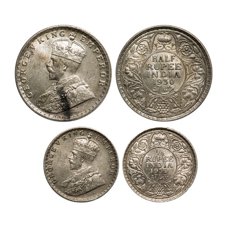 George V, Silver, Half Rupee & 1/4 Rupee, 1930 (2 coins), Calcutta Mint. F. Prid # 332, 45