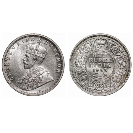 George V, Silver, Half Rupee, 1933, Calcutta Mint, No dot, 1 o'clock die rotation on Rev. 