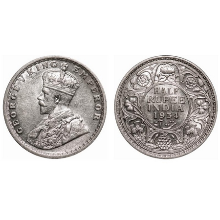 George V, Silver, Half Rupee, 1934, Calcutta Mint, No dot. F. Prid # 334. GK 1074. Uncircu