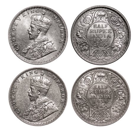 George V, Silver, Half Rupee (2 coins), 1936, 1) Calcutta Mint, No dot, 2) Bombay Mint, Do