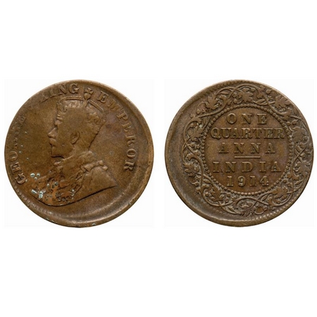George V, Bronze, Quarter Anna, 1914, (4.74 g) (25.67 mm), Calcutta Mint, No dot, Error, 1