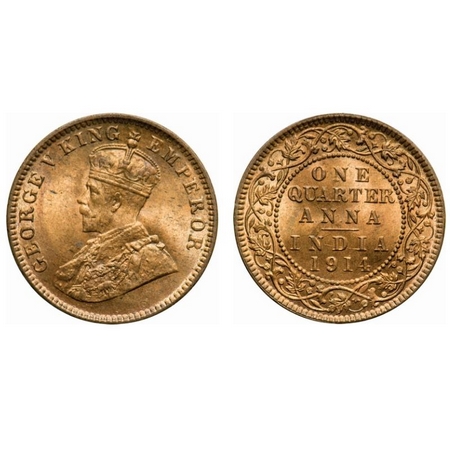 George V, Bronze, Quarter Anna, 1914, Calcutta Mint, No dot, Die cracks on Rev. F. Prid #