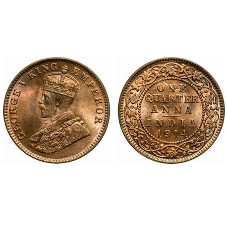 George V, Bronze, Quarter Anna, 1914, Calcutta Mint, No dot, Planchet flaw on Obv. F. Prid