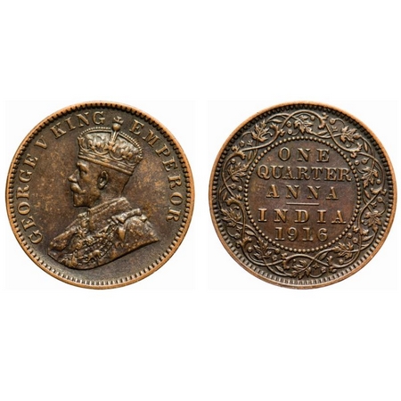 George V, Bronze, Quarter Anna, 1916, Calcutta Mint, No dot. F. Prid 661. GK 1175. Extreme