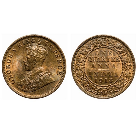 George V, Bronze, Quarter Anna, 1918, Calcutta Mint, No dot, Ghost on Rev. F. Prid # 663. 