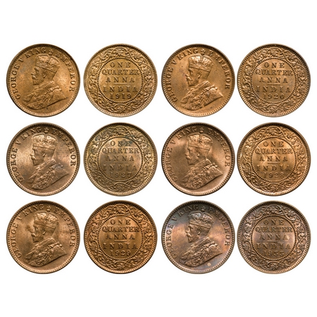 George V, Bronze, Quarter Anna (6 coins), Calcutta Mint, No dot, 1) 1919, 2) 1920, 3) 1927