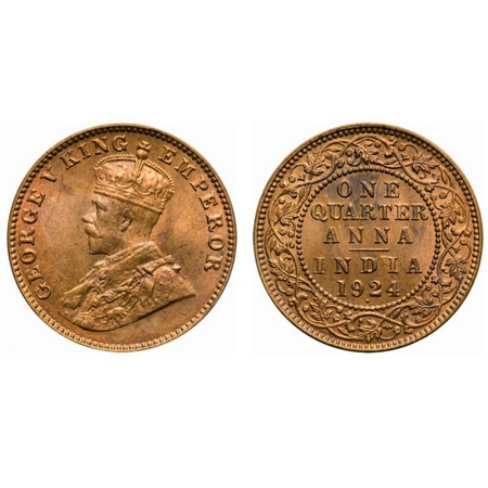 George V, Bronze, Quarter Anna, 1924, Bombay Mint, Dot, Ghost on Rev. F. Prid # 677. GK 11