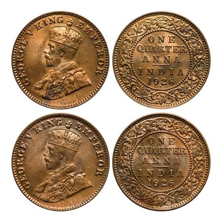 George V, Bronze, Quarter Anna (2 coins), 1926, Bombay Mint, 1) Large dot, 2) Small Dot, G