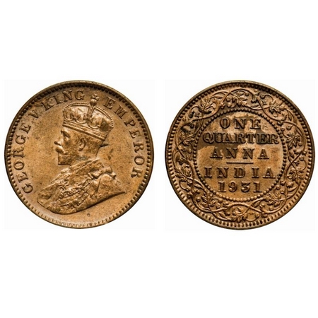 George V, Bronze, Quarter Anna, 1931, Calcutta Mint, No dot, Planchet flaw on Obv. F. Prid
