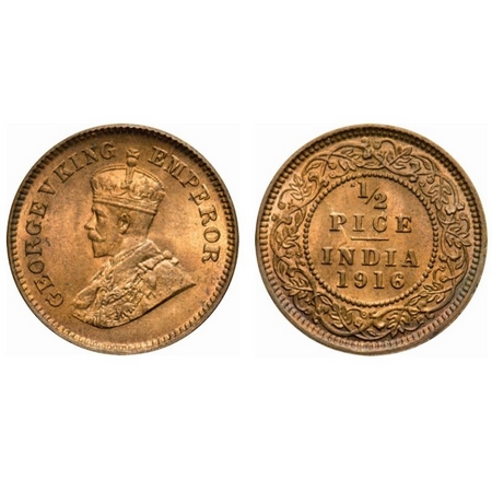 George V, Bronze, 1/2 Pice, 1916, Calcutta Mint, No mint mark, Ghost on Rev. F. Prid # 749