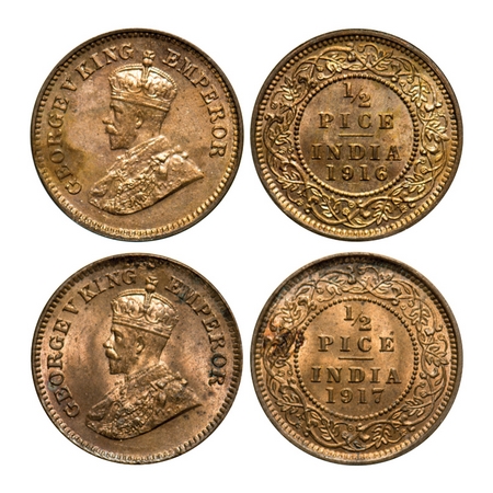 George V, Bronze, 1/2 Pice (2 coins), 1916, 1917, Calcutta Mint, No mint mark. F. Prid # 7