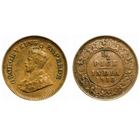 George V, Bronze, 1/2 Pice, 1918, Calcutta Mint, No mint mark. F. Prid # 751. GK 1204. Ver