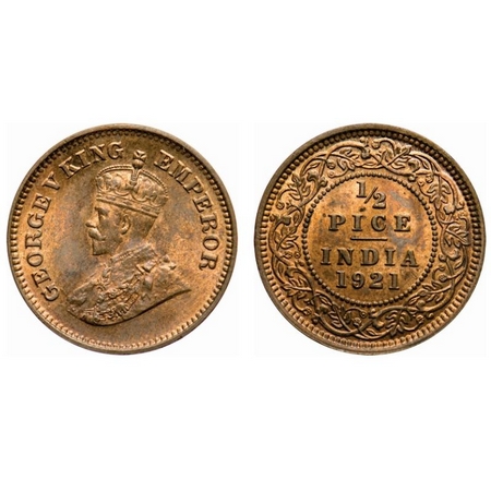 George V, Bronze, 1/2 Pice, 1921, Calcutta Mint, No mint mark. F. Prid # 754. GK 1207. Unc