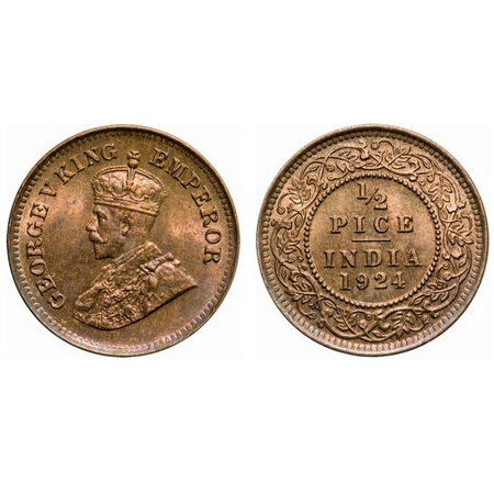 George V, Bronze, 1/2 Pice, 1924, Calcutta Mint, No mint mark. F. Prid # 757. GK 1210. Unc