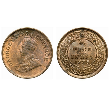 George V, Bronze, 1/2 Pice, 1925, Calcutta Mint, No mint mark. F. Prid # 758. GK 1211. Unc