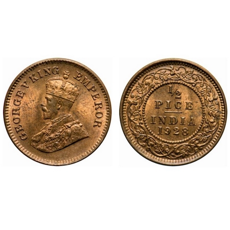 George V, Bronze, 1/2 Pice, 1928, Calcutta Mint, No mint mark. F. Prid # 761. GK 1214. Unc
