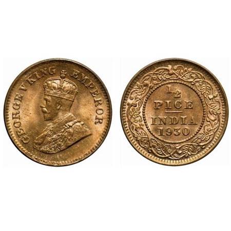 George V, Bronze, 1/2 Pice, 1930, Calcutta Mint, No mint mark. F. Prid # 763. GK 1216. Bri