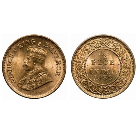 George V, Bronze, 1/2 Pice, 1932, Calcutta Mint, No mint mark, Ghost on Rev. F. Prid # 765