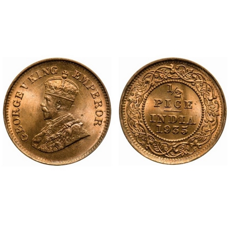 George V, Bronze, 1/2 Pice, 1935, Calcutta Mint, No mint mark, Alphabate 'P' & 'E' of Pice