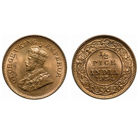 George V, Bronze, 1/2 Pice, 1934, Calcutta Mint, No mint mark. F. Prid # 767. GK 1220. Bri