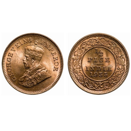 George V, Bronze, 1/2 Pice, 1935, Calcautta Mint, No mint mark. F. Prid # 768. GK 1221. Br