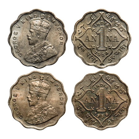 George V, Copper-Nickel, 1 Anna (2 coins), 1) 1934, Calcutta Mint, die crack on Rev, 2) 19