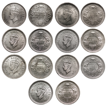 George VI, Half Silver, Rupee (7 coins), 1) 1940, Bombay Mint, A(a)/I, Dot, 2) 1942, Bomba