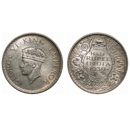 George VI, Silver, Half Rupee, 1939, Calcutta Mint, Head type II, A(a)/I, No dot, Milled e