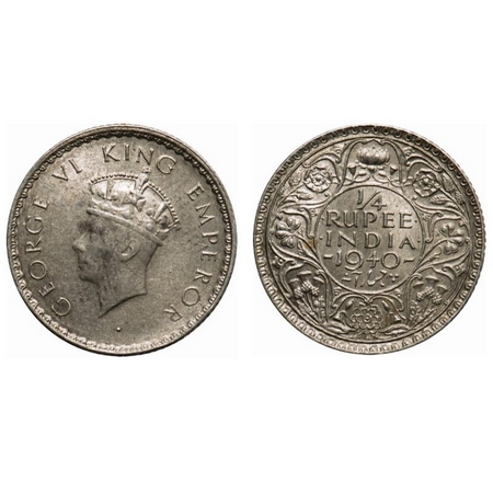 George VI, Half Silver, 1/4 Rupee, 1940, Bombay Mint, Head type I, Rev I, Dot, Milled edge