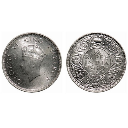George VI, Half Silver, 1/4 Rupee, 1940, Bombay Mint, Head type I, Rev I, Dot, Milled edge