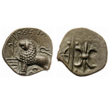 Western Kshatrapas, Nahapana (c. 65-76 AD), Potin Unit, 4.34g, Junnar Lion type, Obv: Lion