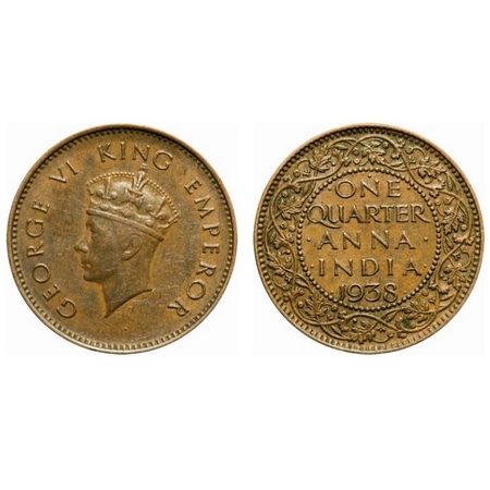 George VI, Bronze, Quarter Anna, 1938, Bombay Mint, Head type I, Dot, Dots by One, Small y