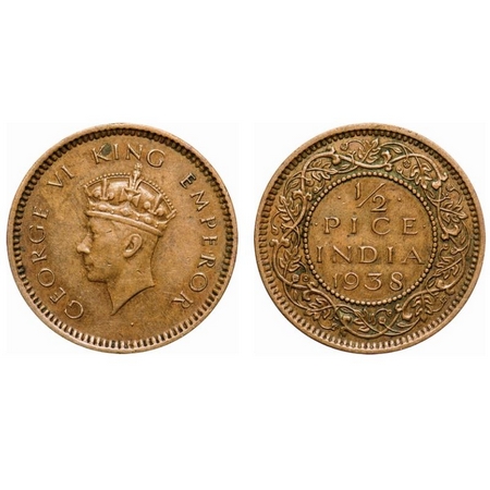 George VI, Bronze, 1/2 Pice, 1938, Calcutta Mint, Head type I, No dot. F. Prid # Unlisted.