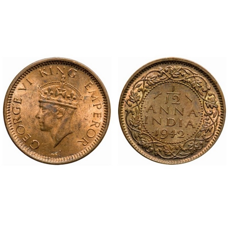 George VI, Bronze, 1/12 Anna, 1942, Bombay Mint, Head type II, Dots by year. F. Prid # 863