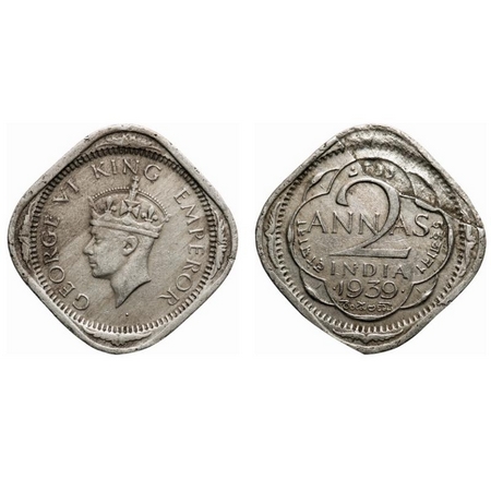 George VI, Copper-Nickel, 2 Annas, 1939, Bombay Mint, Head type II, Dots by year, Error, B