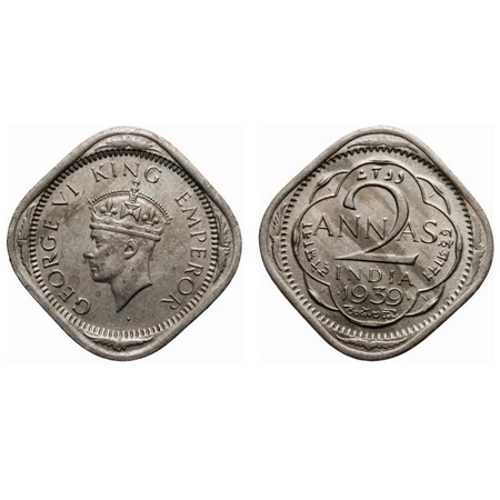 George VI, Copper-Nickel, 2 annas, 1939, Bombay Mint, Head type II, Dots by year, Short tr