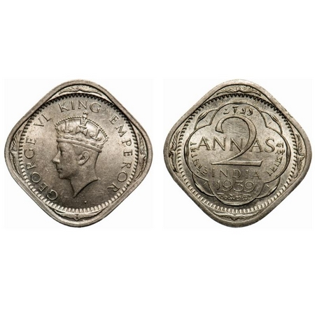George VI, Copper-Nickel, 2 Annas, 1939, Calcutta Mint, No dots by year, Head type I, F. P
