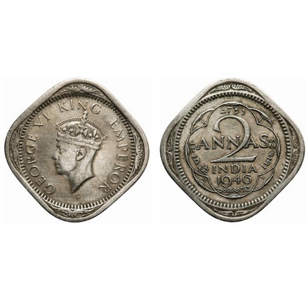 George VI, Copper-Nickel, 2 Annas, 1946, Calcutta Mint, Mule, Head type II, No dots by yea