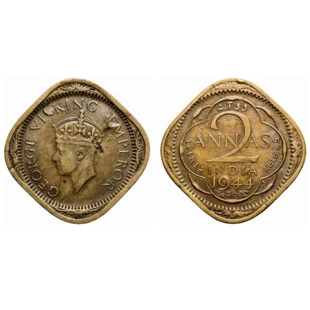 George VI, Nickel-Brass, 2 Anna, 1944, Lahore Mint, Head Type II, No dots by year, 'L' rai