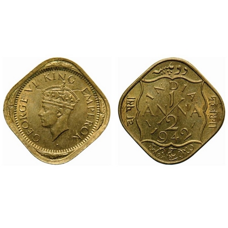 George VI, Nickle-Brass, 1/2 Anna, 1942, Bombay Mint, Dots by India, Dashes by year, Tiny 