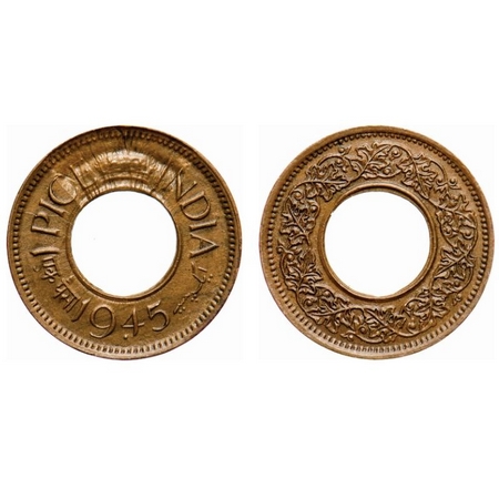 George VI, Bronze, 1 Pice, 1945, Bombay Mint, Flat crown, Dot, Error, Retained broken die.